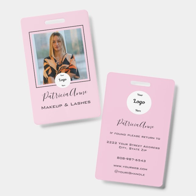 Elegant Blush Pink Script Photo Logo Makeup ID Badge (Front & Back)