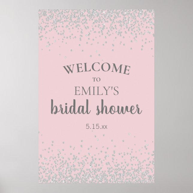Elegant Blush Pink Silver Confetti Bridal Shower Poster (Front)