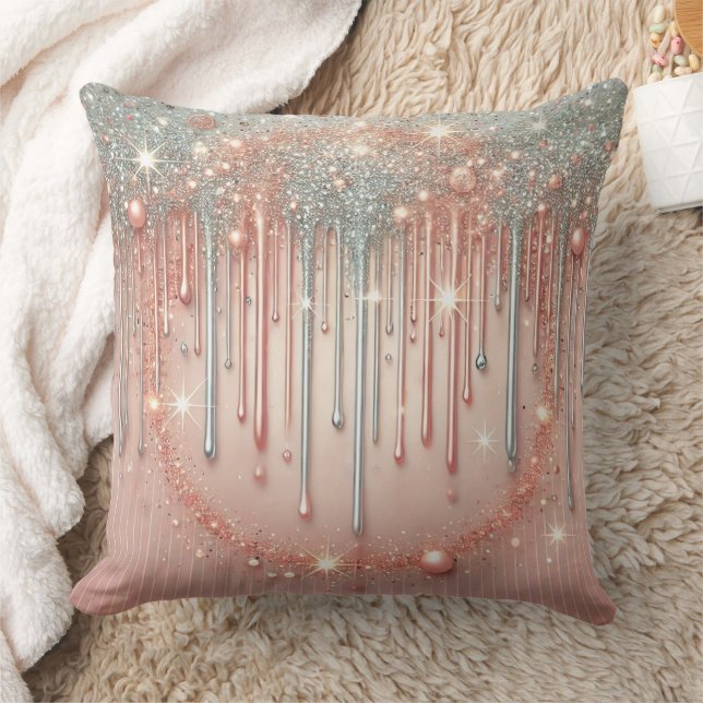 Elegant Blush Pink & Silver Glitter Drip  Cushion (Blanket)