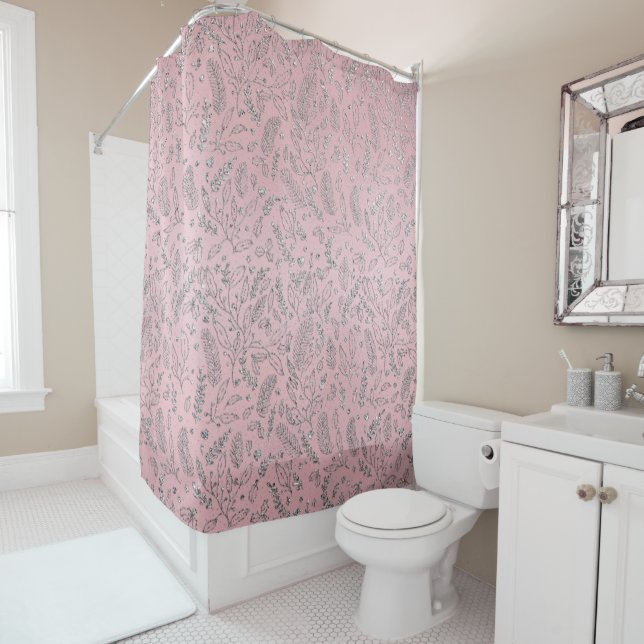 Elegant Blush Pink Silver Glitter Holiday Pattern Shower Curtain (In Situ)