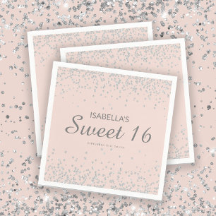 Elegant Blush Pink Silver Glitter Sweet 16 Name  Napkin