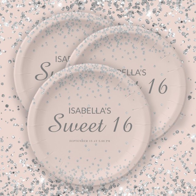 Elegant Blush Pink Silver Glitter Sweet 16 Name  Paper Plate (Creator Uploaded)