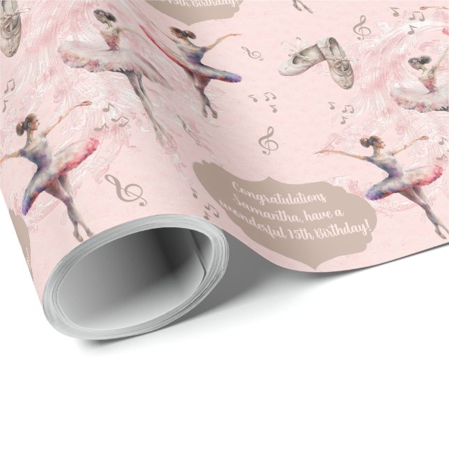 Elegant Blush Pink Silver Name Age Text Ballerina  Wrapping Paper (Roll Corner)