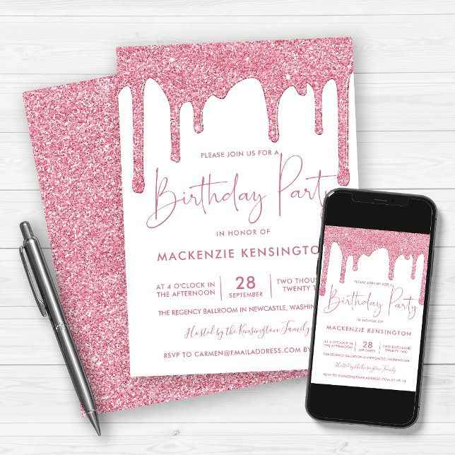 Elegant Blush Pink Sparkle Glitter Drips Birthday Invitation (Creator Uploaded)