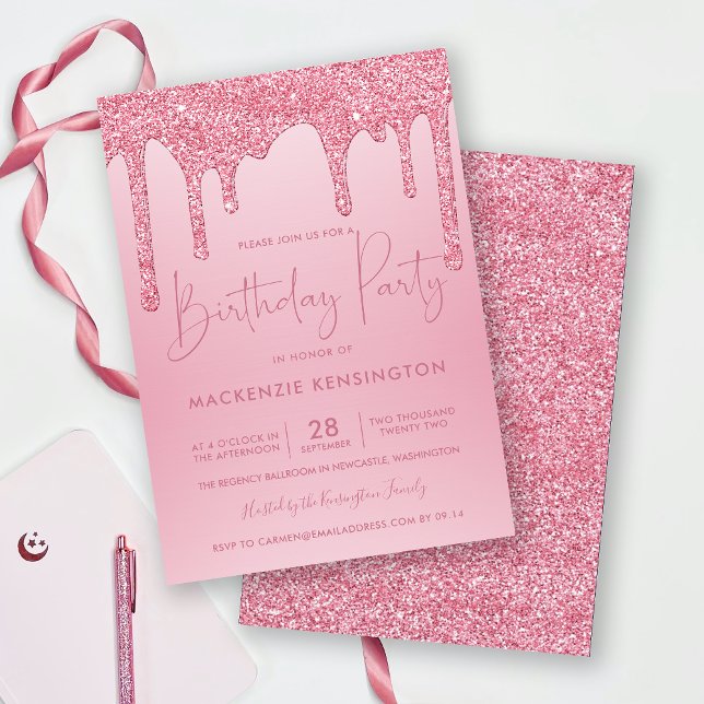 Elegant Blush Pink Sparkle Glitter Drips Birthday Invitation (Creator Uploaded)
