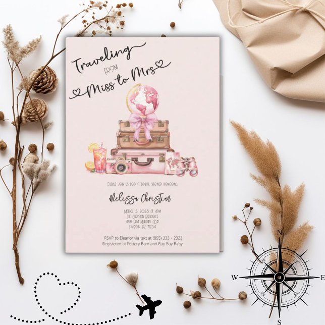 Elegant Blush Pink Travel Adventure Bridal Shower  Invitation (Creator Uploaded)