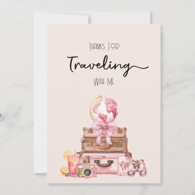 Elegant Blush Pink Travelling Bridal Shower Thank You Card (Front)
