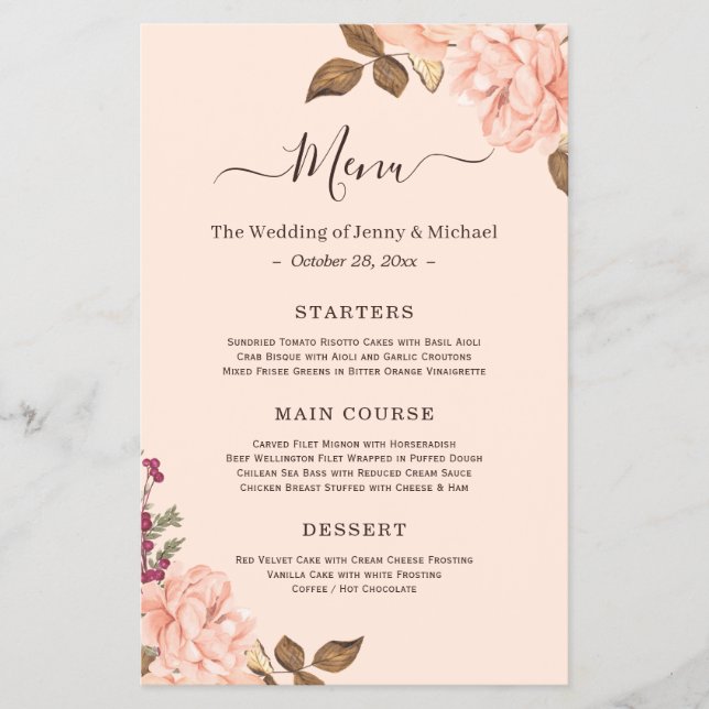 Elegant Blush Pink Victoria Floral Wedding Menu (Front)