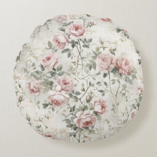 Elegant Blush Pink Vintage Cottagecore Floral Round Cushion