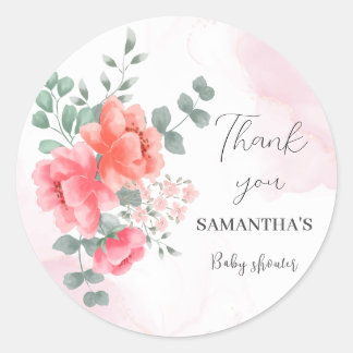 Elegant blush pink watercolor baby shower classic round sticker