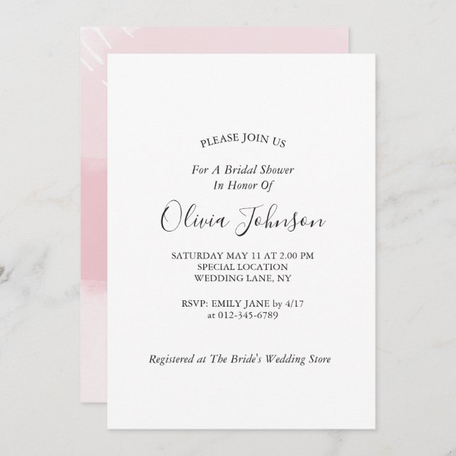 Elegant Blush Pink Watercolor Bridal Shower Invitation (Front/Back)
