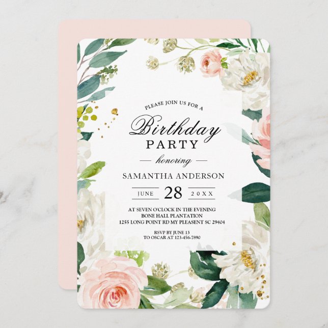 Elegant Blush Pink Watercolor Floral Frame Invitation (Front/Back)