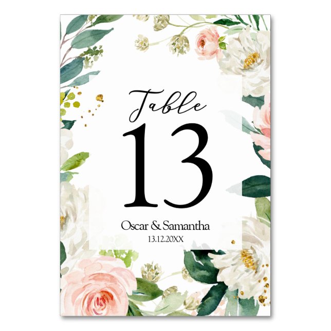 Elegant Blush Pink Watercolor Floral Frame Table Number (Front)