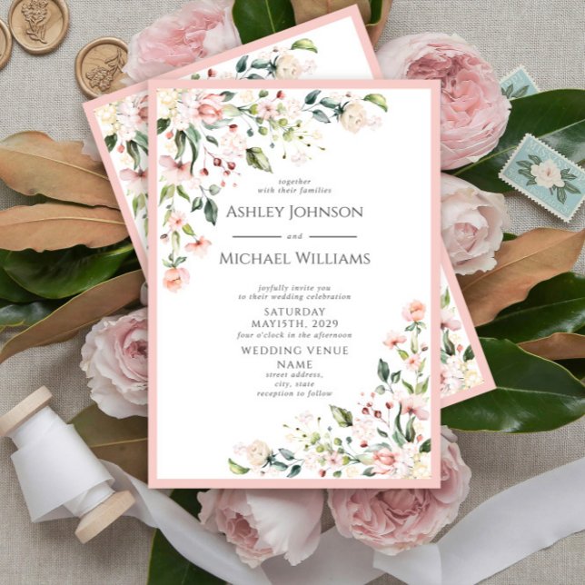 Elegant Blush Pink Watercolor Floral Wedding Invitation (Creator Uploaded)