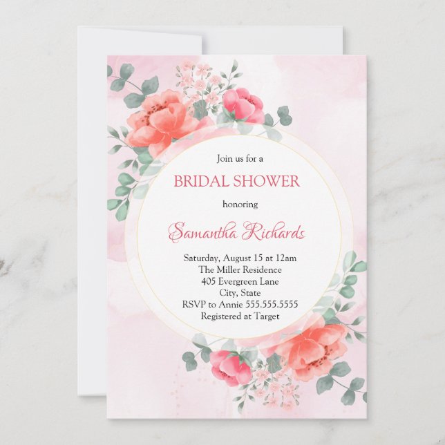 Elegant blush pink watercolor flower bridal shower invitation (Front)