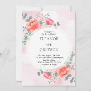 Elegant blush pink watercolor flowers wedding invitation