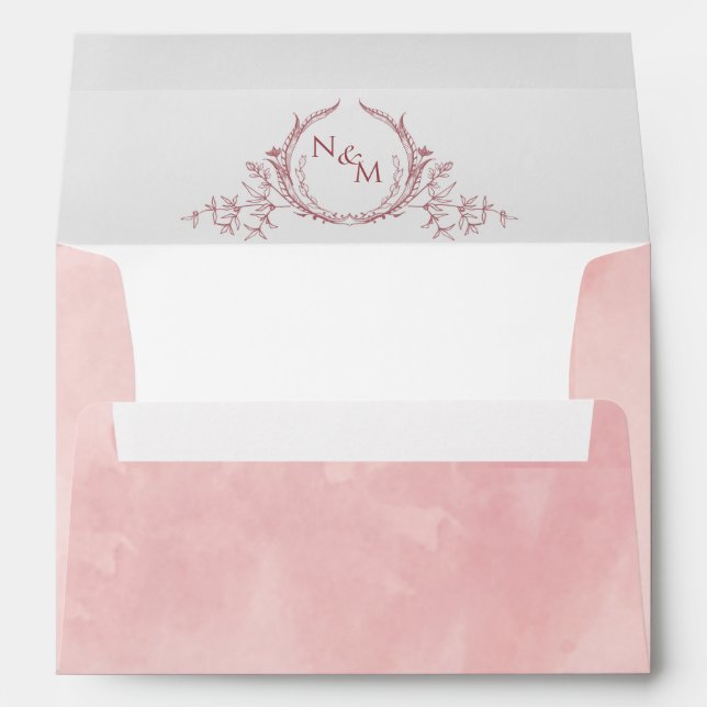 Elegant Blush Pink Watercolor Monogram Wedding Envelope (Back (Bottom))