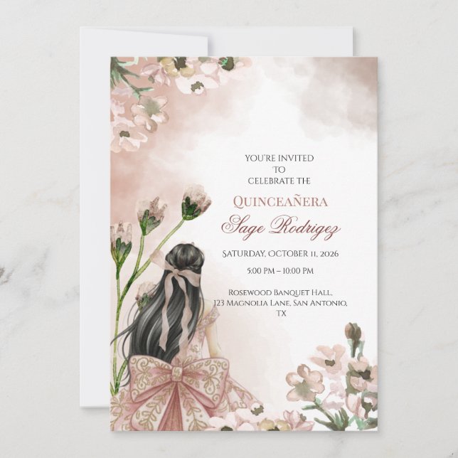Elegant Blush Pink Watercolor Quinceañera Invite (Front)