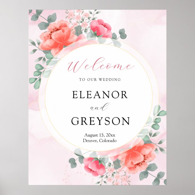 Elegant blush pink watercolor wedding welcome  poster (Front)