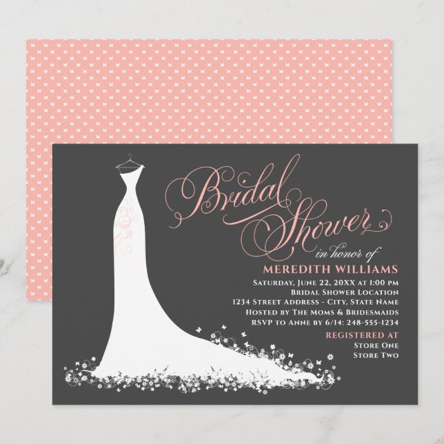 Elegant Blush Pink Wedding Gown Bridal Shower Invitation (Front/Back)