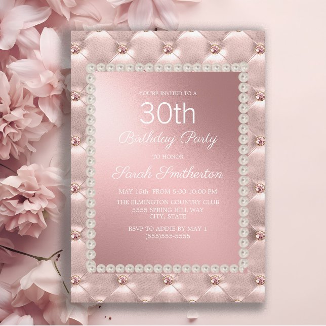 Elegant Blush Pink White 30th Birthday Party Invitation (Elegant tufted pink 30th birthday party invitation for women)