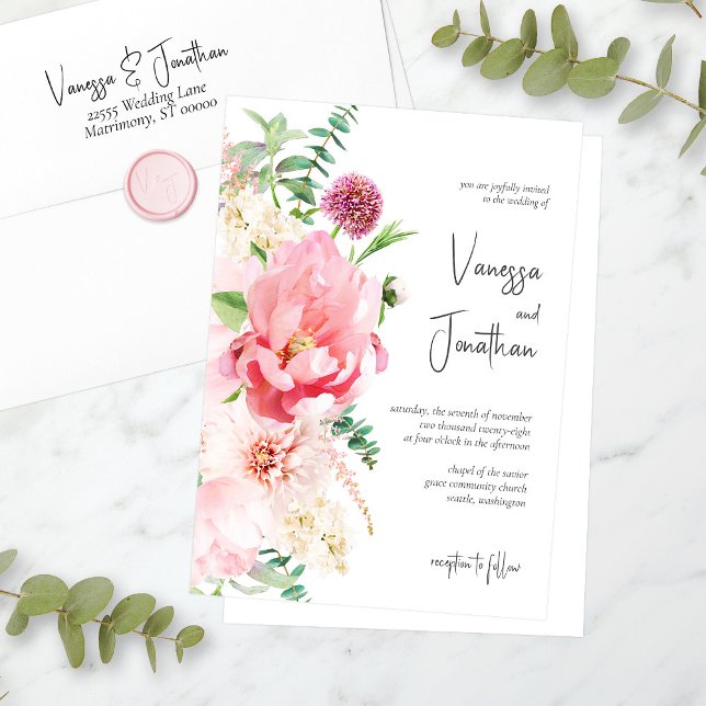 Elegant Blush Pink White Floral Stylish First Name Invitation (In situ -  Coordinating wax seal sold separately in this collection.)