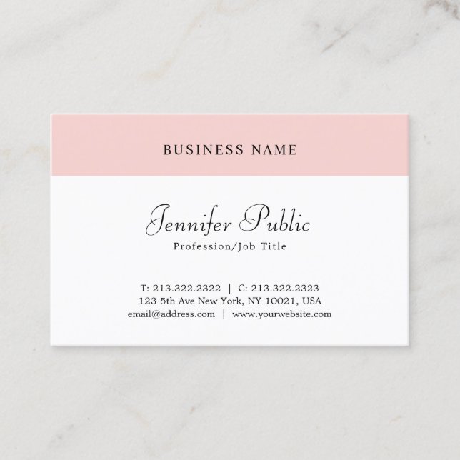 Elegant Blush Pink White Modern Simple Template Business Card (Front)