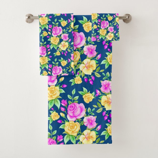 Elegant Blush Pink Yellow Rose Floral Pattern Bath Towel Set (Insitu)