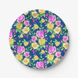 Elegant Blush Pink Yellow Rose Floral Pattern Paper Plate
