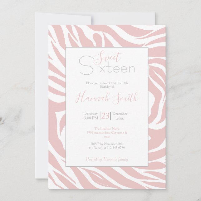 Elegant Blush Pink Zebra White Animal Print Invitation (Front)