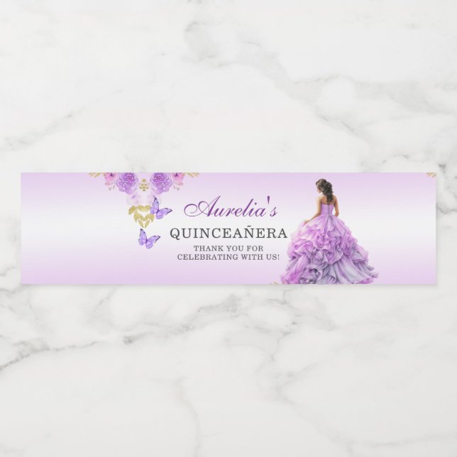 Elegant Blush Purple Floral Quinceañera Birthday Water Bottle Label (Single Label)
