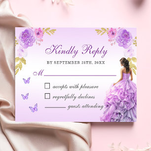 Elegant Blush Purple Floral Quinceañera RSVP Card