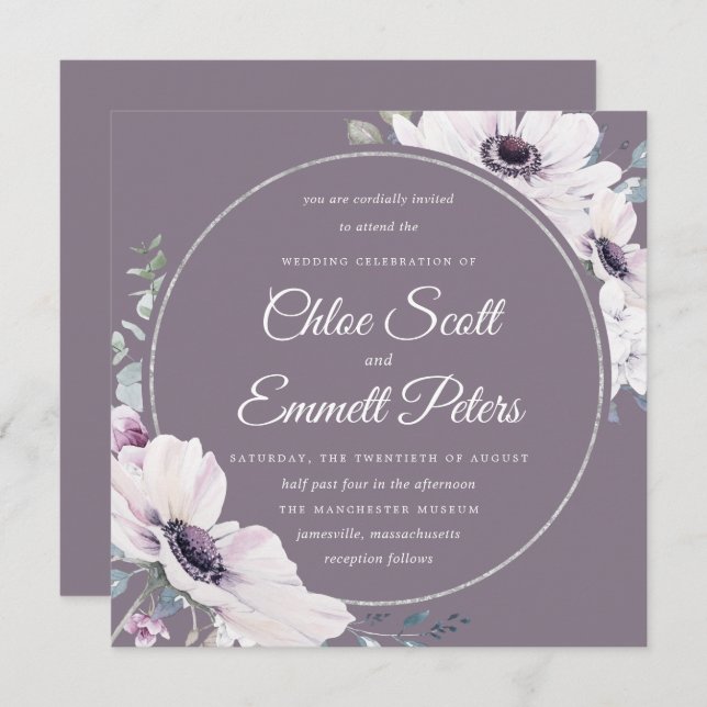 Elegant Blush Purple Floral Silver Wedding Invitation (Front/Back)