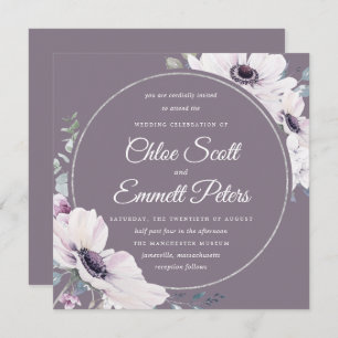 Elegant Blush Purple Floral Silver Wedding Invitation