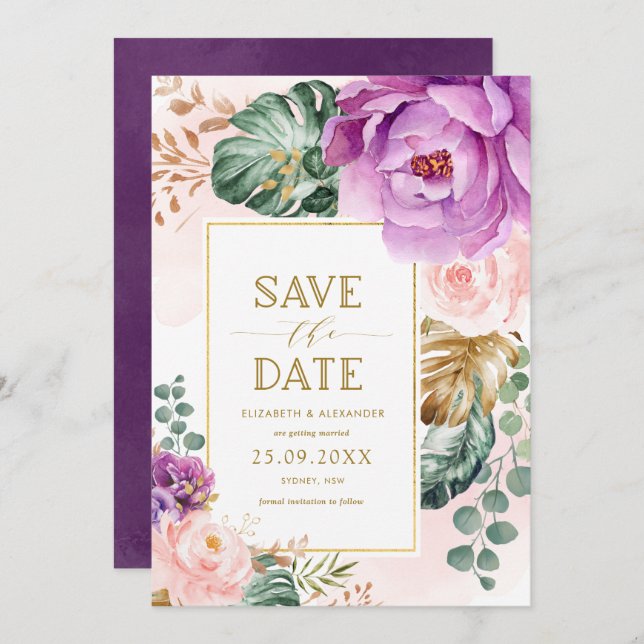 Elegant Blush Purple Tropical Floral Save the Date Invitation (Front/Back)