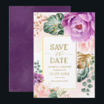 Elegant Blush Purple Tropical Floral Save the Date Invitation<br><div class="desc">This beautiful design features elegant watercolor tropical floral greenery in blush pink,  violet and gold.</div>