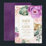 Elegant Blush Purple Tropical Floral Save the Date Invitation<br><div class="desc">This beautiful design features elegant watercolor tropical floral greenery in blush pink,  violet and gold.</div>