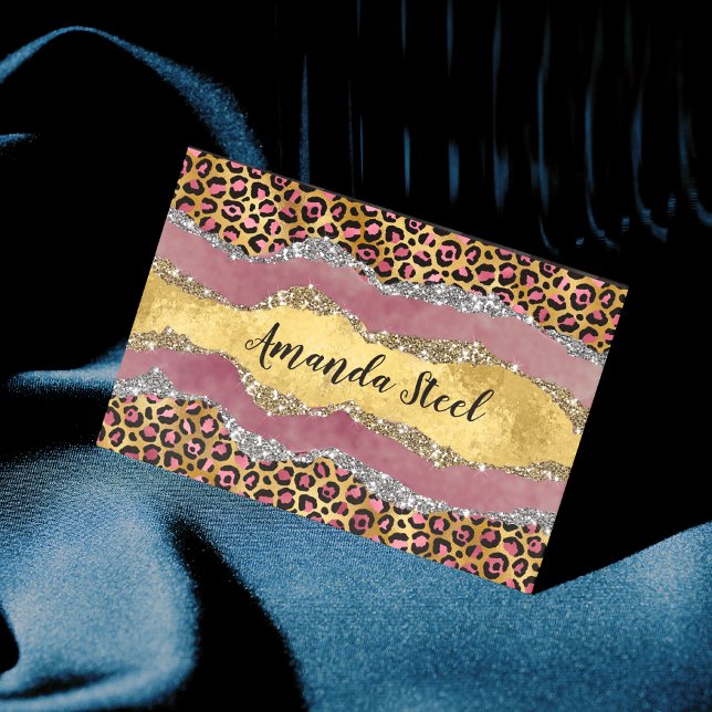 Elegant blush rose animal print glittery monogram  magnetic business card (Creator Uploaded)