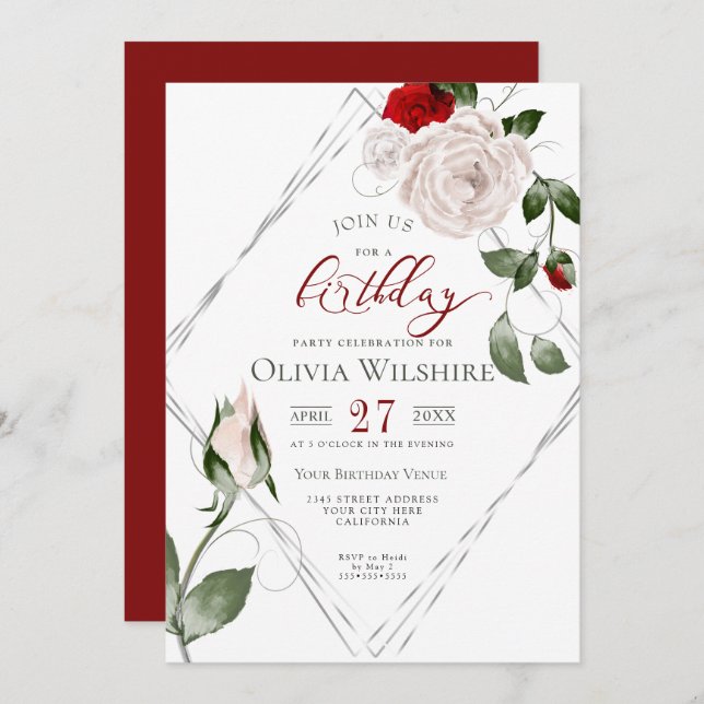 Elegant Blush Rose Birthday Silver Frame Invitation (Front/Back)