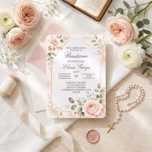 Elegant Blush Rose Botanical Bautismo  Invitation (Creator Uploaded)