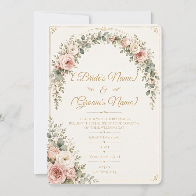 Elegant Blush Rose Botanical Wedding Invitation (Front)