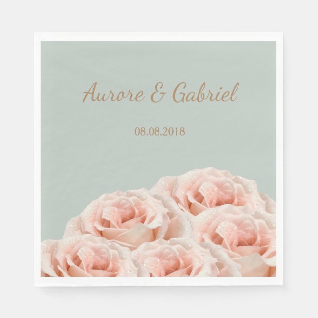 Elegant Blush Rose Bouquet Sage Gold Wedding Napkin (Front)