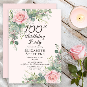 Elegant Blush Rose Eucalyptus 100th Birthday Party Invitation