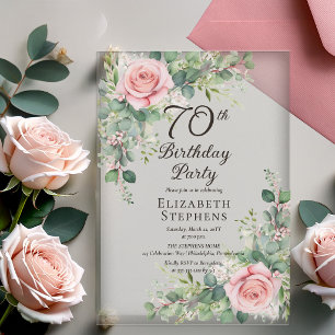 Elegant Blush Rose Eucalyptus 70th Birthday Party Acrylic Invitations