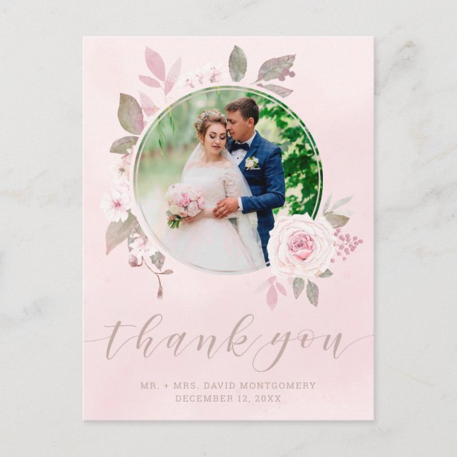 Elegant Blush Rose Floral Wedding Photo Thank You Postcard (Front)
