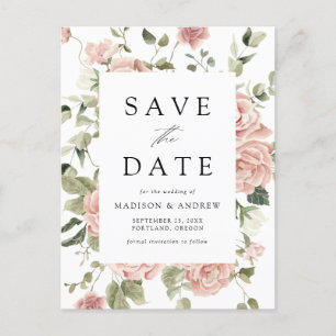 Elegant Blush Rose Garden Wedding Save the Date Announcement Postcard