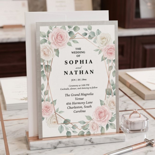 Elegant Blush Rose & Geometric Gold Wedding Invite (Creator Uploaded)
