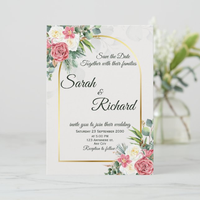 Elegant Blush Rose Gold Arch Wedding Invitation (Standing Front)