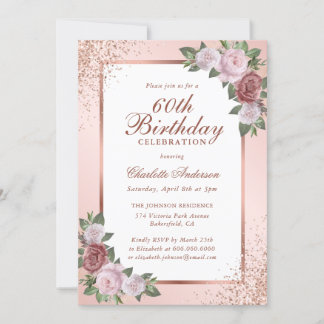 Elegant Blush Rose Gold Confetti 60th Birthday Invitation