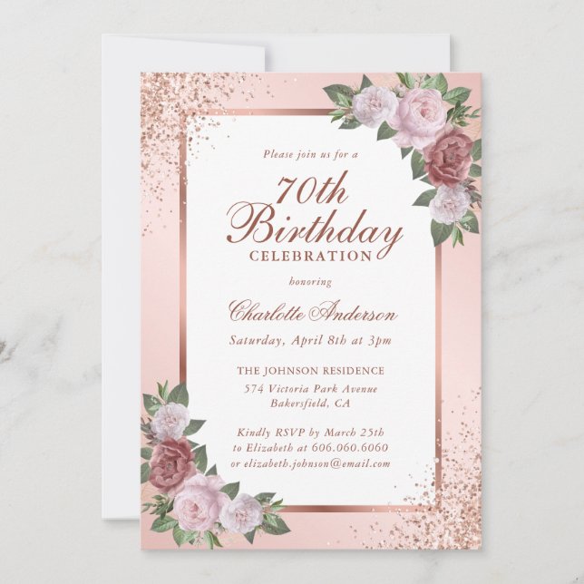 Elegant Blush Rose Gold Floral 70th Birthday Invitation (Front)